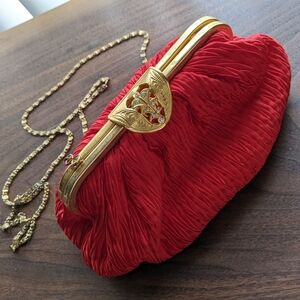 Vintage Carla Marchi Micro-Pleated Satin Red Evening Bag w Gold Strap